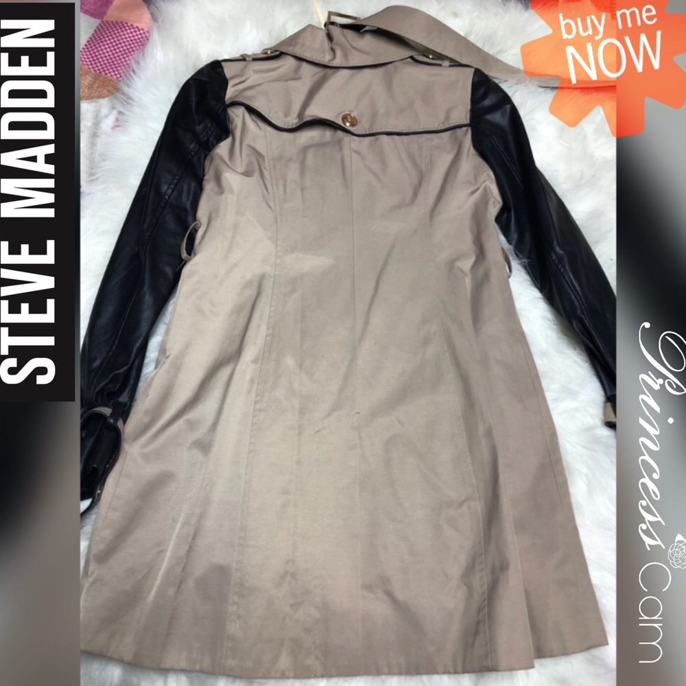 👑Steve Madden Black Leather & Taupe Trench Coat - Picture 7 of 8